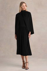 Honora | Black High-Neck Maxi Dress With Cape-Sleeves