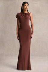 Blaire | Brown Asymmetric-Neck Maxi Dress With Gold-Detailing