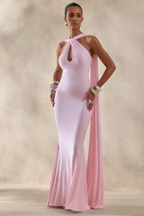Rhoda | Light Pink Twist Halter-Neck Cape Maxi Dress