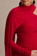 Tessy | Red Asymmetric-Neck Maternity Maxi Dress With Cape-Sleeve