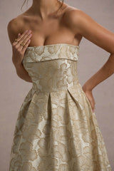 Zuma | Gold Metallic Jacquard Strapless Midi Dress