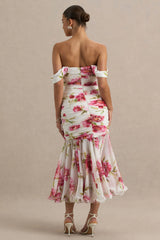Madelyn | Cream Floral Print Short-Sleeve Bardot Wrap Maxi Dress With Ruching