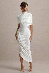 Enchant | White Asymmetric Twisted Cape Midi Dress