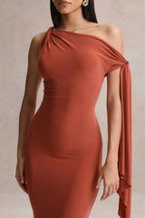 Vista | Rust Asymmetric-Neck Maxi Dress With Knot-Sleeve Detail