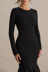Liberty | Black High Neck Mermaid Midi Dress With Ruffling Detail
