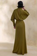 Perla | Olive High-Neck Maxi Dress With Gathered-Detailing