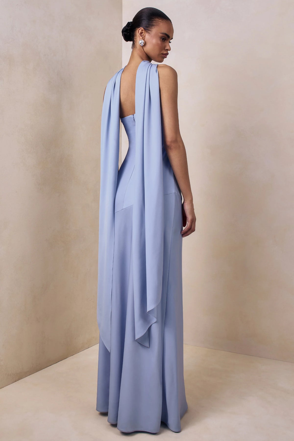 Charly | Powder Blue Satin Bandeau Maxi Dress With Scarf-Detail