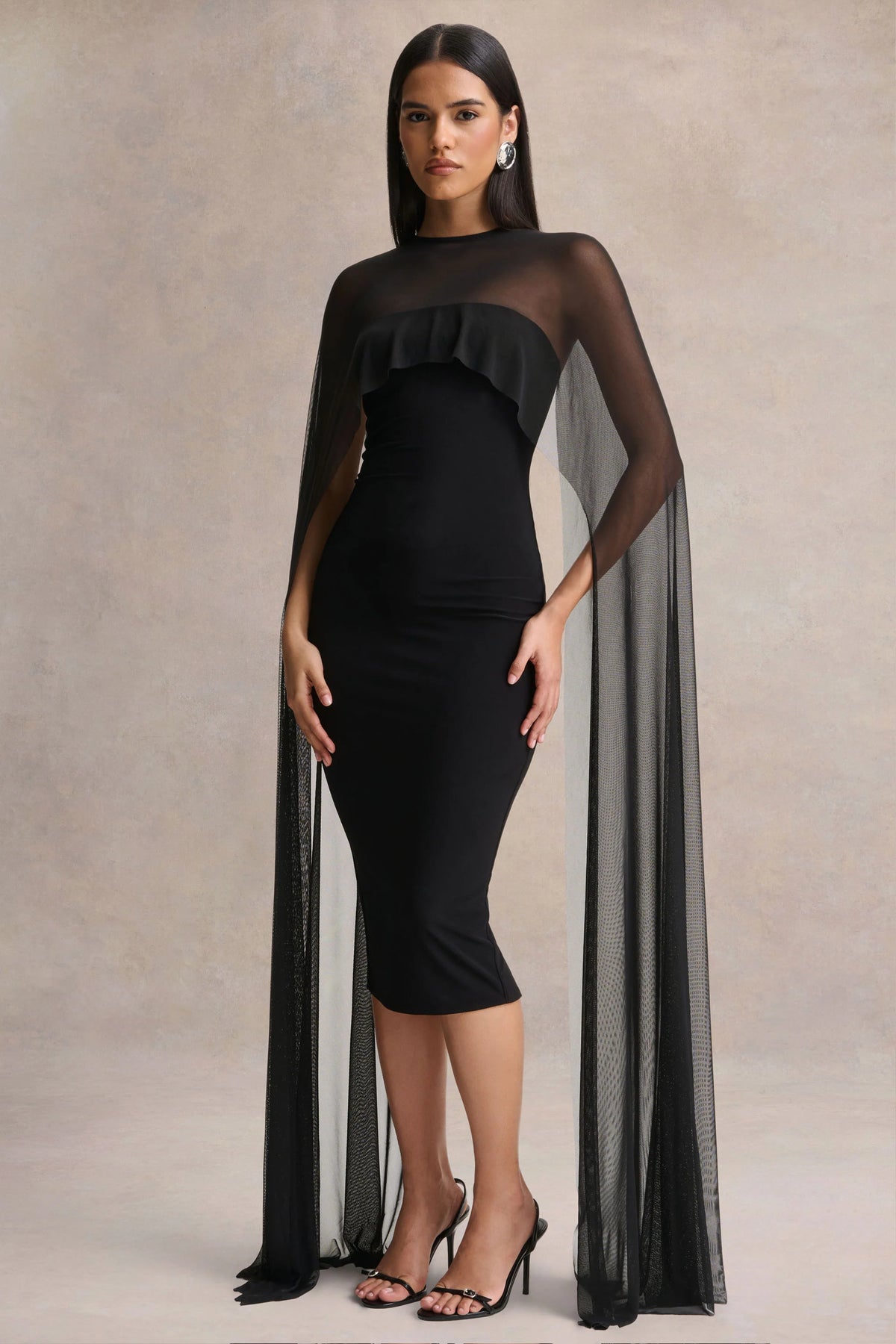 Filippa | Black Crew-Neck Midi Dress With Sheer Cape-Sleeves