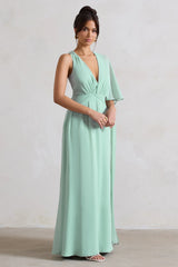 Fairytale | Sage Plunge-Neck Chiffon Maxi Dress With Cape Sleeve