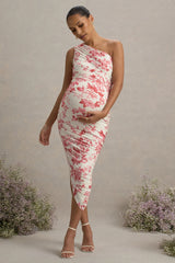 Late Night | Pink Floral Print Maternity Ruched One Shoulder Midi Dress