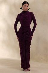Harmona | Dark Plum High-Neck Maxi Dress With Gathered And Draped-Detailing